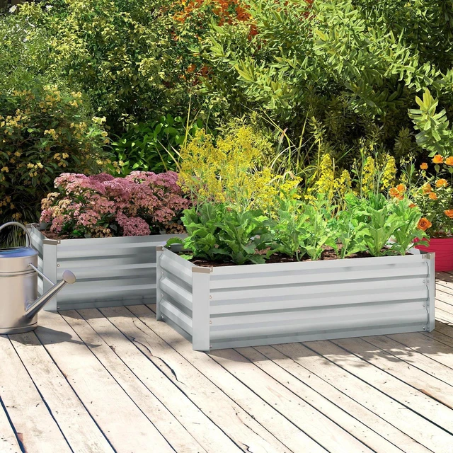 Alt view image 7 of 7 - Set of 2 Raised Garden Beds, Galvanized Planter Box, Silver