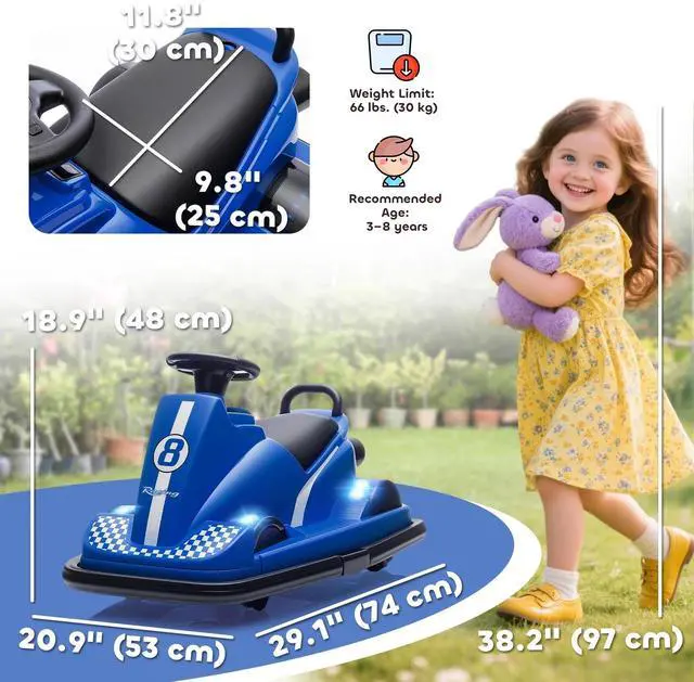 Alt view image 2 of 7 - Car for Kids with 360° Spinning, Dual Motors, Music, Blue