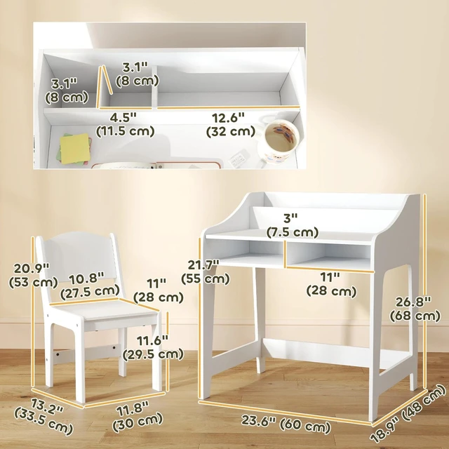 Main image of Kids Desk and Chair Set, Study Table w/ Storage Shelves, White