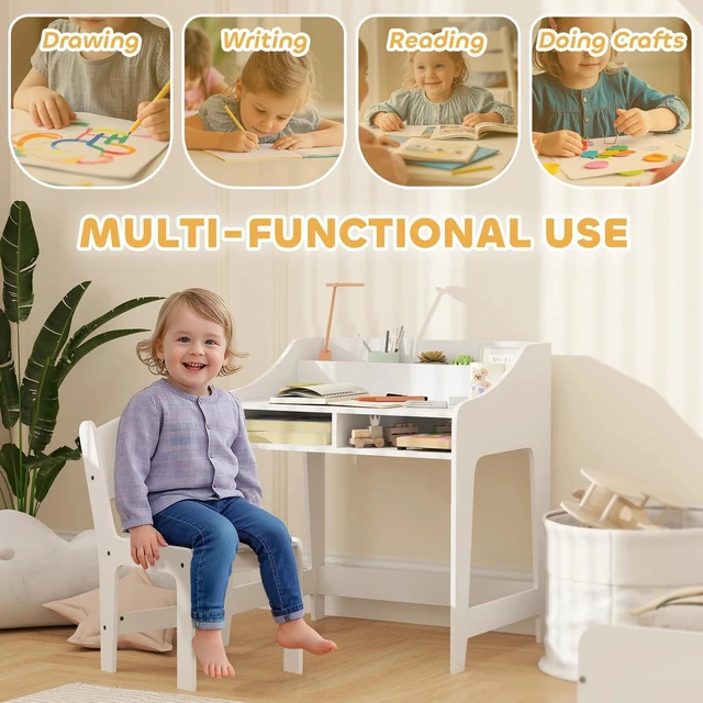 Alt view image 7 of 7 - Kids Desk and Chair Set, Study Table w/ Storage Shelves, White