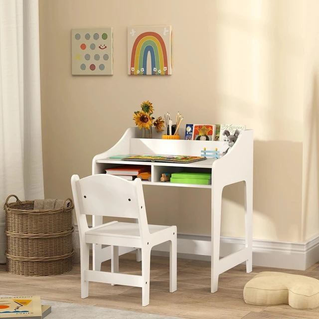 Alt view image 6 of 7 - Kids Desk and Chair Set, Study Table w/ Storage Shelves, White