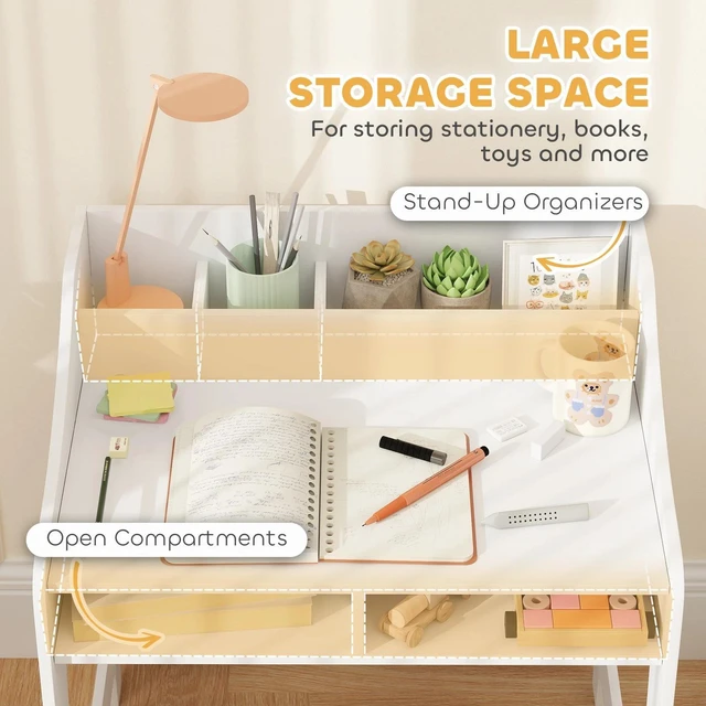 Alt view image 4 of 7 - Kids Desk and Chair Set, Study Table w/ Storage Shelves, White