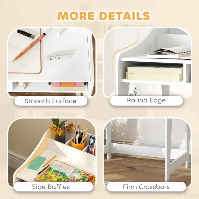 Alt view image 2 of 7 - Kids Desk and Chair Set, Study Table w/ Storage Shelves, White