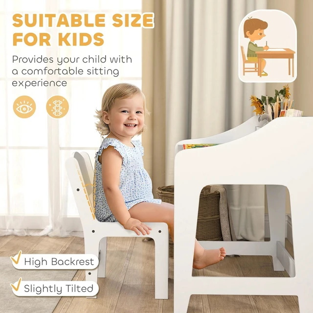 Alt view image 3 of 7 - Kids Desk and Chair Set, Study Table w/ Storage Shelves, White