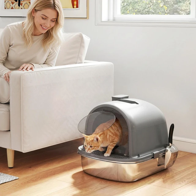 Alt view image 2 of 7 - PawHut Stainless Steel Litter Box, Enclosed Cat Litter Box with Scoop