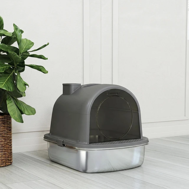 Alt view image 7 of 7 - PawHut Stainless Steel Litter Box, Enclosed Cat Litter Box with Scoop