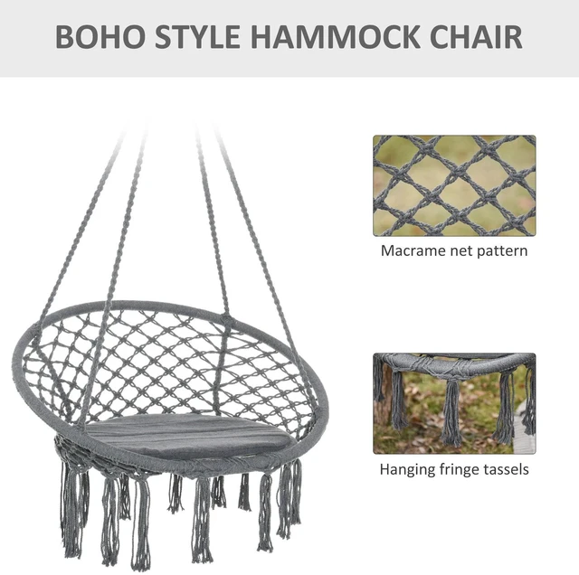 Alt view image 3 of 7 - Hammock Chair Hanging Rope Swing for Indoor&Outdoor Use w/Backrest Cream White