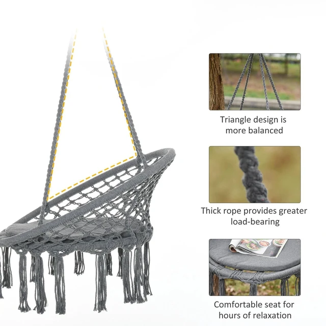 Alt view image 2 of 7 - Hammock Chair Hanging Rope Swing for Indoor&Outdoor Use w/Backrest Cream White