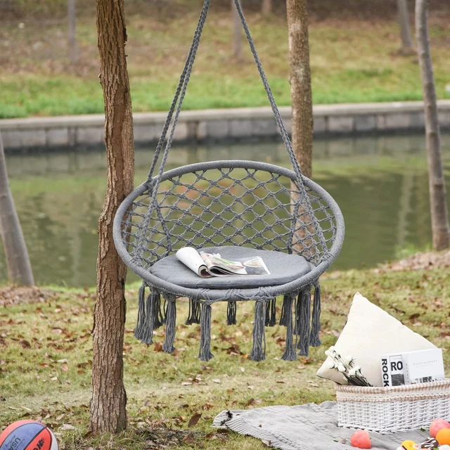 Main image of Hammock Chair Hanging Rope Swing for Indoor&Outdoor Use w/Backrest Cream White