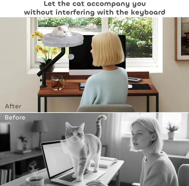 Alt view image 3 of 7 - PawHut Cat Desk Bed 360° Rotatable Adjustable Height for Home Office Work
