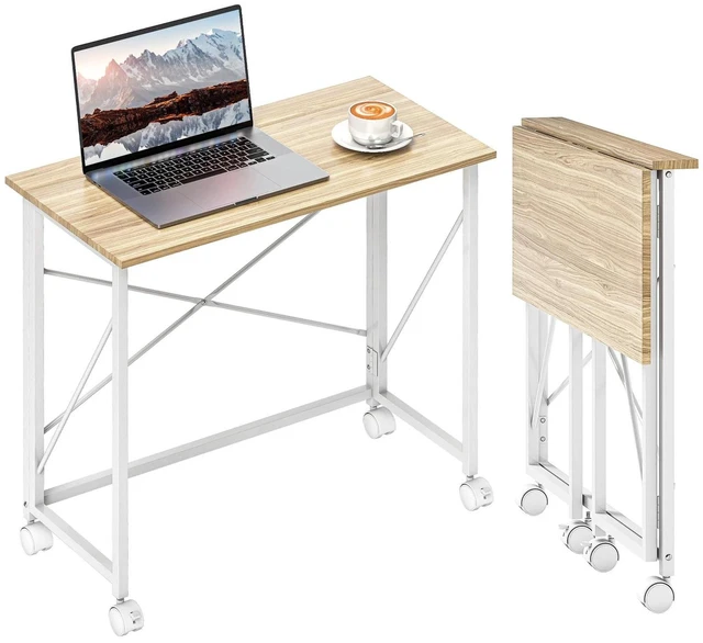 Main image of Folding Table, Small Home Computer Desk with Wheels, Easy Assembly, Natural