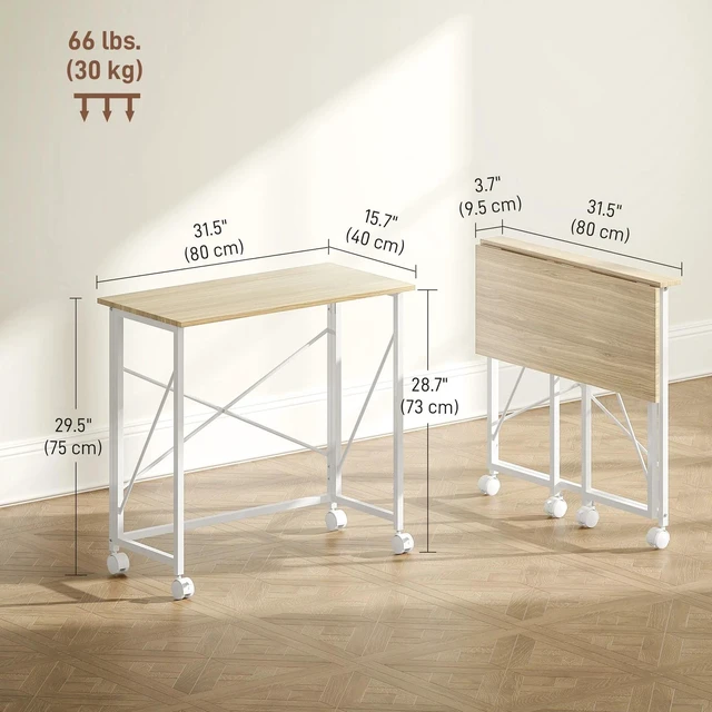 Alt view image 7 of 7 - Folding Table, Small Home Computer Desk with Wheels, Easy Assembly, Natural