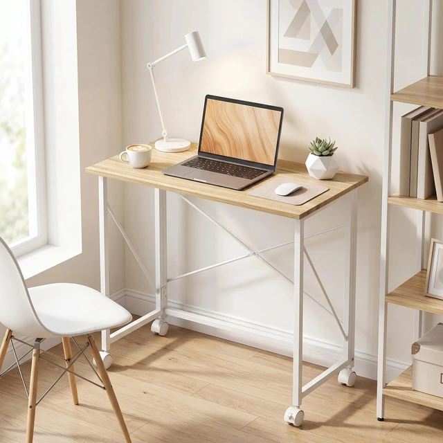 Alt view image 3 of 7 - Folding Table, Small Home Computer Desk with Wheels, Easy Assembly, Natural