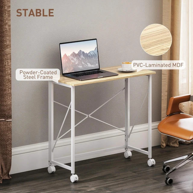 Alt view image 4 of 7 - Folding Table, Small Home Computer Desk with Wheels, Easy Assembly, Natural