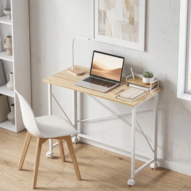 Alt view image 5 of 7 - Folding Table, Small Home Computer Desk with Wheels, Easy Assembly, Natural
