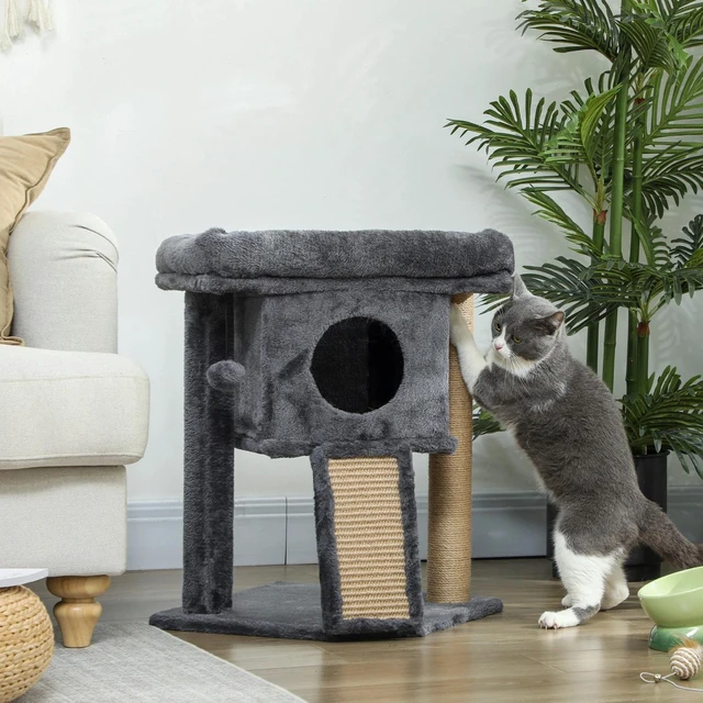 Alt view image 2 of 7 - PawHut Cat Tree, Small Cat Tower with Perch, Scratching Post, Cat Condo, Grey
