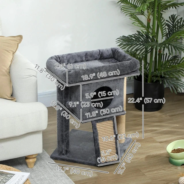 Alt view image 4 of 7 - PawHut Cat Tree, Small Cat Tower with Perch, Scratching Post, Cat Condo, Grey
