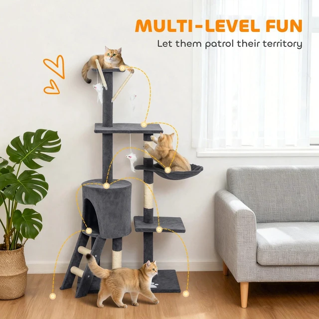 Alt view image 3 of 7 - 52" Multi-Level Cat Tree Kitty Activity Center Scratcher Tower Condo Dark Grey