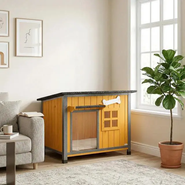 Alt view image 6 of 7 - PawHut Outdoor Dog House with Anti-Chewing Steel Frame, Wooden Dog House