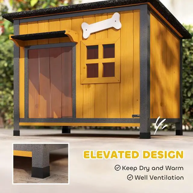 Alt view image 7 of 7 - PawHut Outdoor Dog House with Anti-Chewing Steel Frame, Wooden Dog House