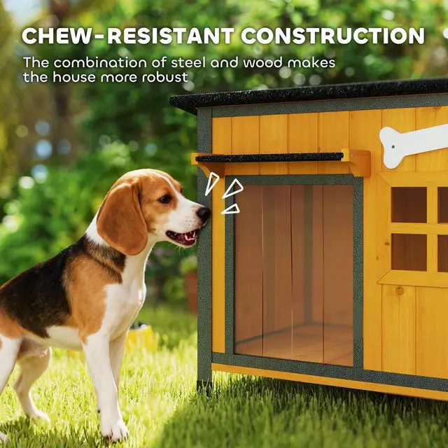Alt view image 5 of 7 - PawHut Outdoor Dog House with Anti-Chewing Steel Frame, Wooden Dog House