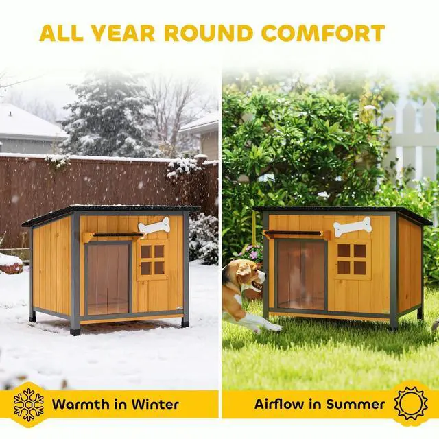 Alt view image 2 of 7 - PawHut Outdoor Dog House with Anti-Chewing Steel Frame, Wooden Dog House