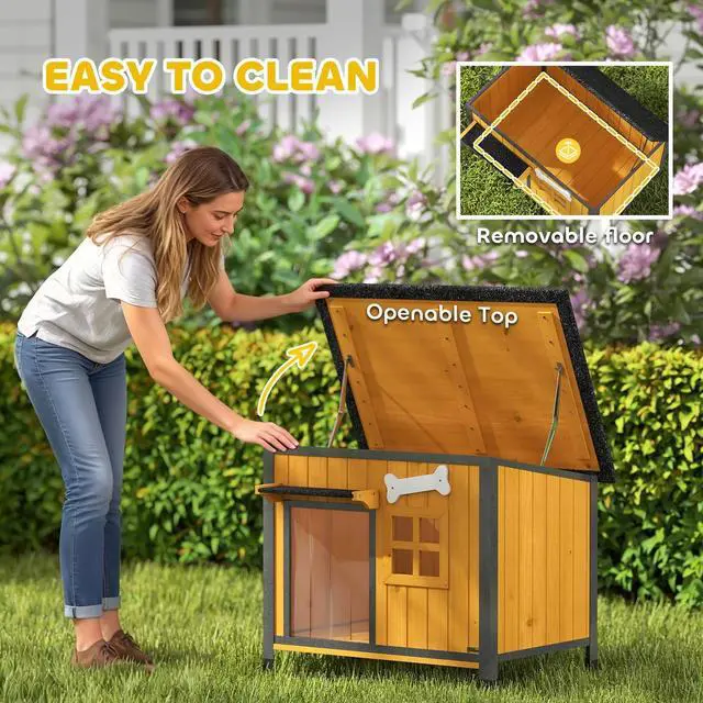 Alt view image 4 of 7 - PawHut Outdoor Dog House with Anti-Chewing Steel Frame, Wooden Dog House