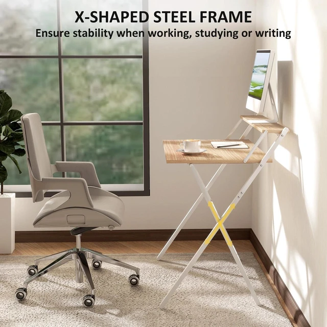 Alt view image 5 of 7 - Small Folding Desk w/ Monitor Shelf 81.5 cm Foldable Computer Desk Natural