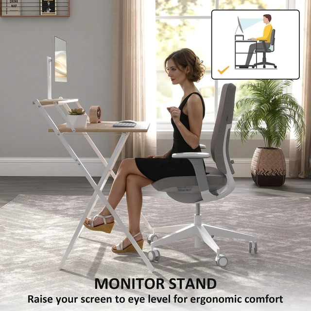 Alt view image 3 of 7 - Small Folding Desk w/ Monitor Shelf 81.5 cm Foldable Computer Desk Natural
