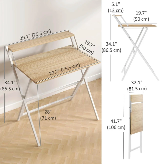 Alt view image 2 of 7 - Small Folding Desk w/ Monitor Shelf 81.5 cm Foldable Computer Desk Natural