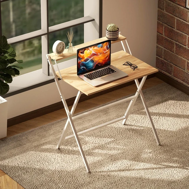 Alt view image 7 of 7 - Small Folding Desk w/ Monitor Shelf 81.5 cm Foldable Computer Desk Natural