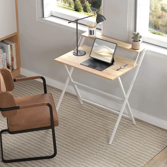 Alt view image 6 of 7 - Small Folding Desk w/ Monitor Shelf 81.5 cm Foldable Computer Desk Natural