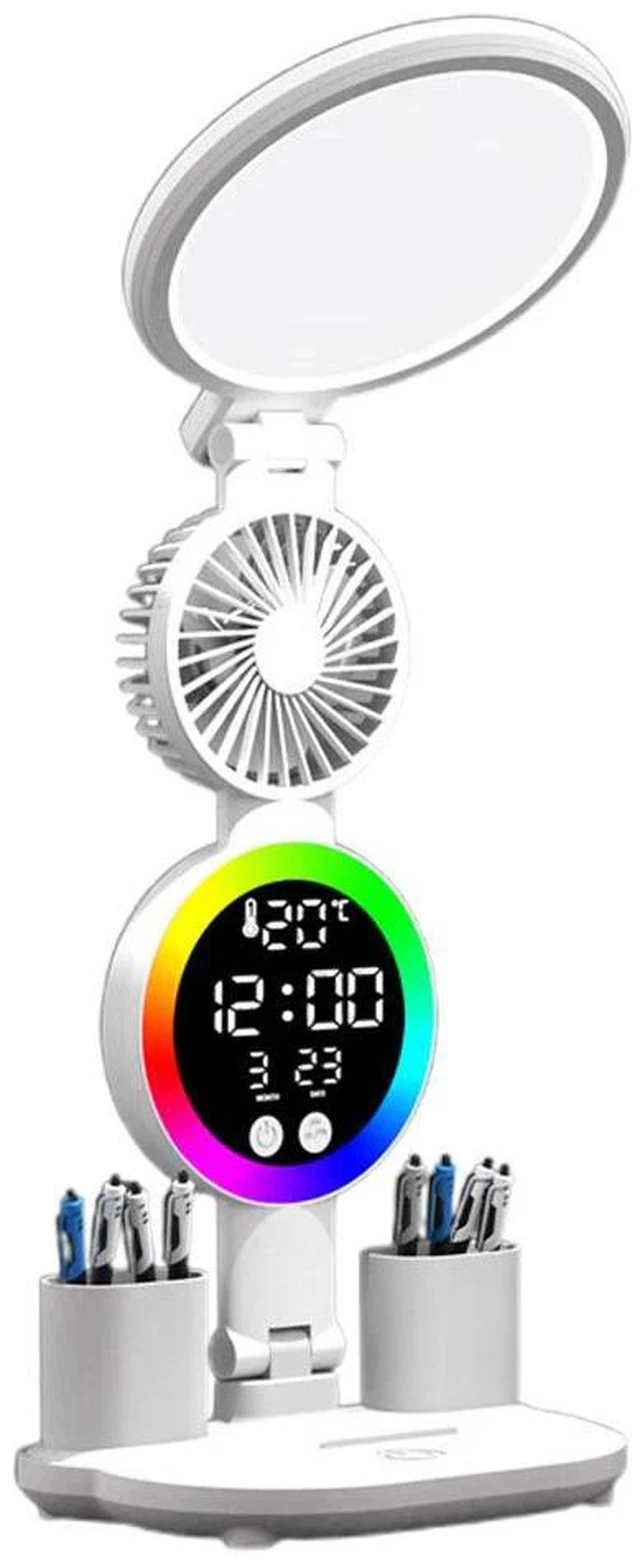 Alt view image 2 of 7 - LED Clock Table Lamp USB Chargeable Dimmable Desk Lamp Plug in LED Fan Light Fol