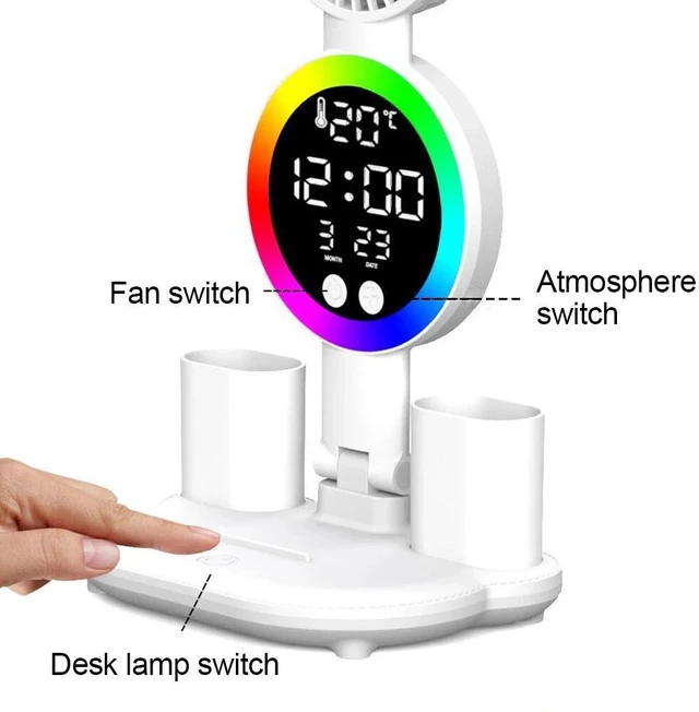 Alt view image 3 of 7 - LED Clock Table Lamp USB Chargeable Dimmable Desk Lamp Plug in LED Fan Light Fol