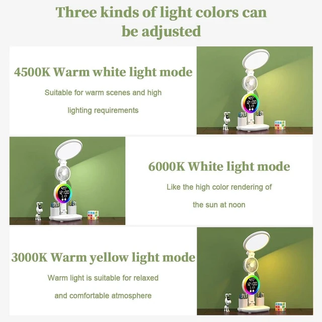 Alt view image 4 of 7 - LED Clock Table Lamp USB Chargeable Dimmable Desk Lamp Plug in LED Fan Light Fol