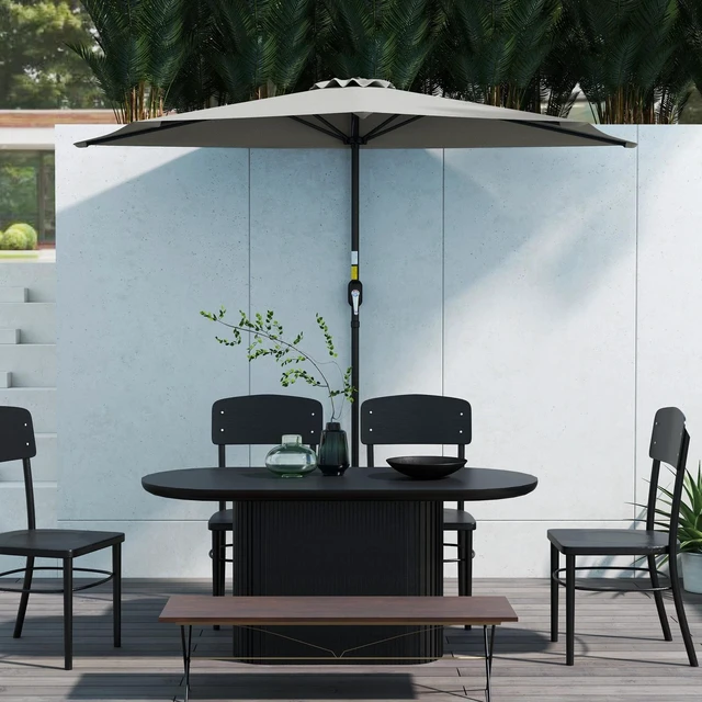Alt view image 3 of 7 - 9ft Half Round Umbrella Wall Sun Shade Patio Garden Outdoor Light Grey