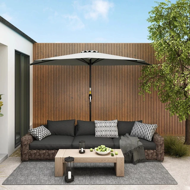 Alt view image 7 of 7 - 9ft Half Round Umbrella Wall Sun Shade Patio Garden Outdoor Light Grey