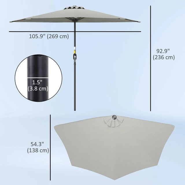Alt view image 4 of 7 - 9ft Half Round Umbrella Wall Sun Shade Patio Garden Outdoor Light Grey