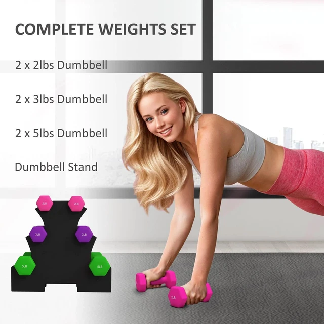 Alt view image 6 of 7 - Hex Dumbbells Set with Stand, 2 x 2lbs, 2 x 3lbs, 2 x 5lbs