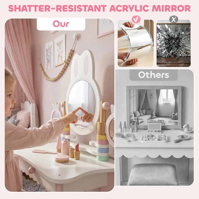 Alt view image 4 of 7 - Kids Vanity Set with Triple Mirrors, 5 Pcs Accessories, Drawer, Pink
