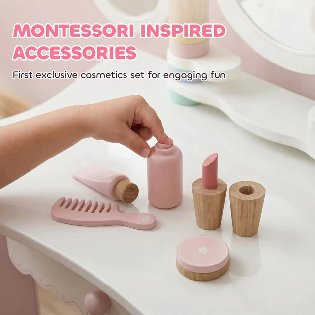 Alt view image 7 of 7 - Kids Vanity Set with Triple Mirrors, 5 Pcs Accessories, Drawer, Pink