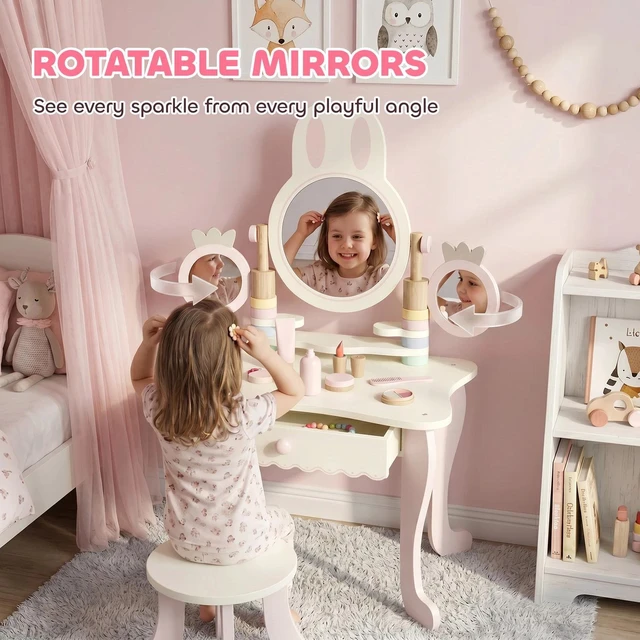 Alt view image 3 of 7 - Kids Vanity Set with Triple Mirrors, 5 Pcs Accessories, Drawer, Pink