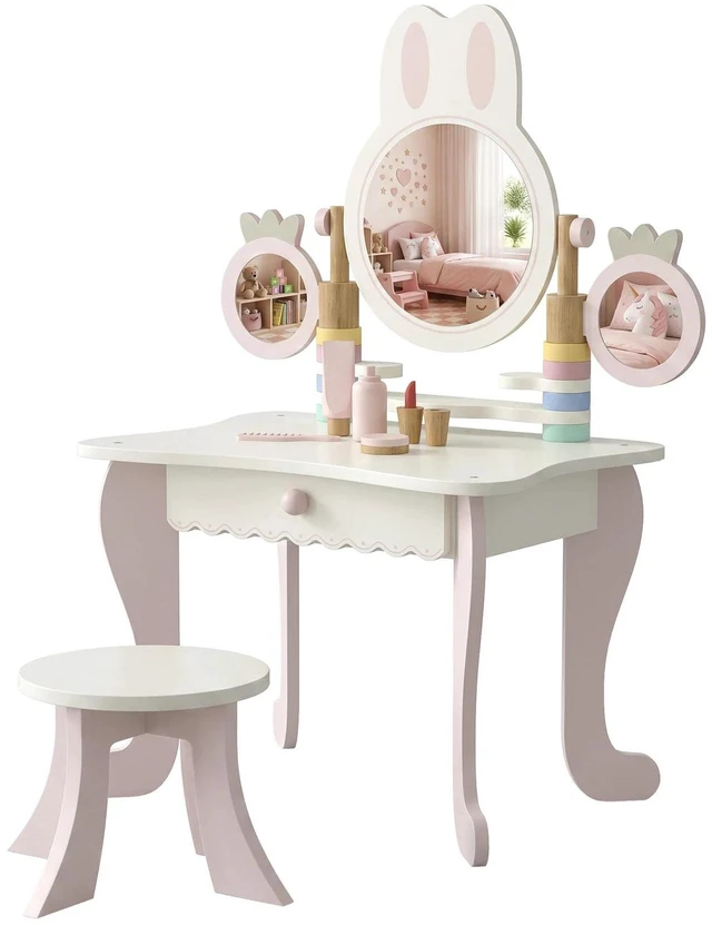 Main image of Kids Vanity Set with Triple Mirrors, 5 Pcs Accessories, Drawer, Pink