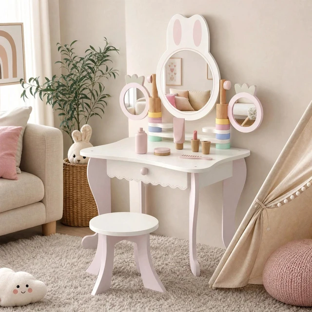 Alt view image 5 of 7 - Kids Vanity Set with Triple Mirrors, 5 Pcs Accessories, Drawer, Pink