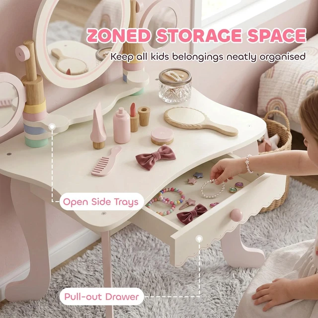 Alt view image 6 of 7 - Kids Vanity Set with Triple Mirrors, 5 Pcs Accessories, Drawer, Pink