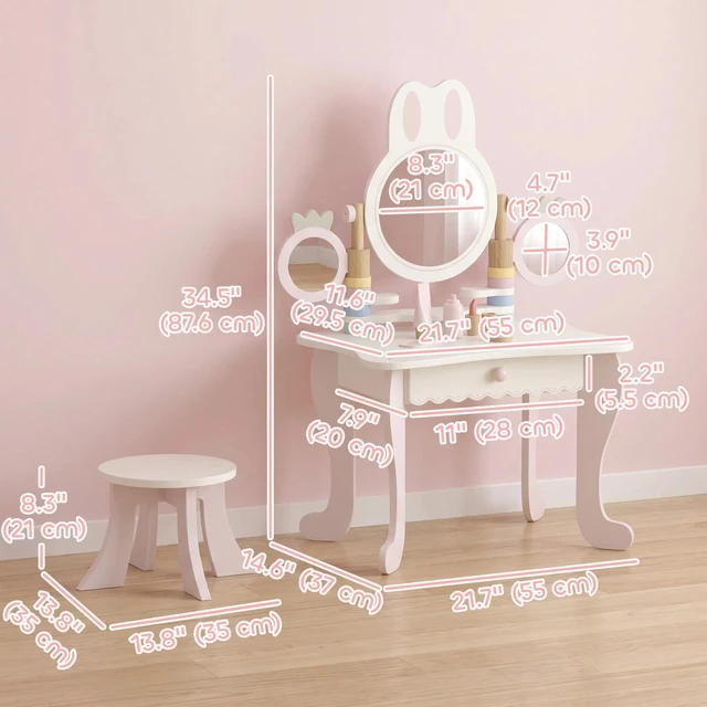 Alt view image 2 of 7 - Kids Vanity Set with Triple Mirrors, 5 Pcs Accessories, Drawer, Pink