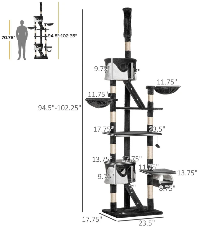 Alt view image 5 of 7 - 94"-102" Huge Cat Tree Ceiling High Cat Tower Multilevel Playhouse