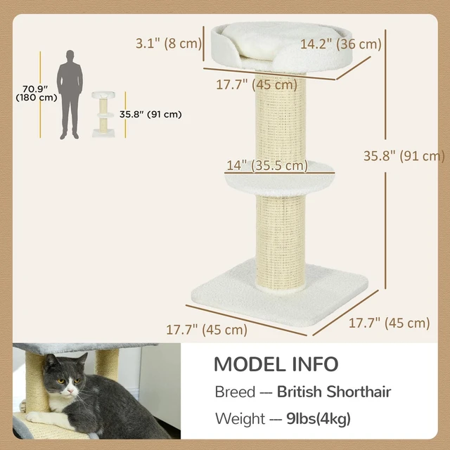 Alt view image 2 of 7 - Cat Tree with Sisal Mat Scratching Post Cat Bed Cushion, Cream White