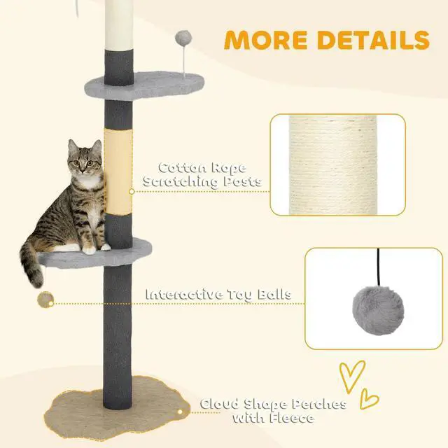 Alt view image 2 of 7 - 8.4' Floor to Ceiling Cat Tree, Adjustable Height, Cloud Shape White