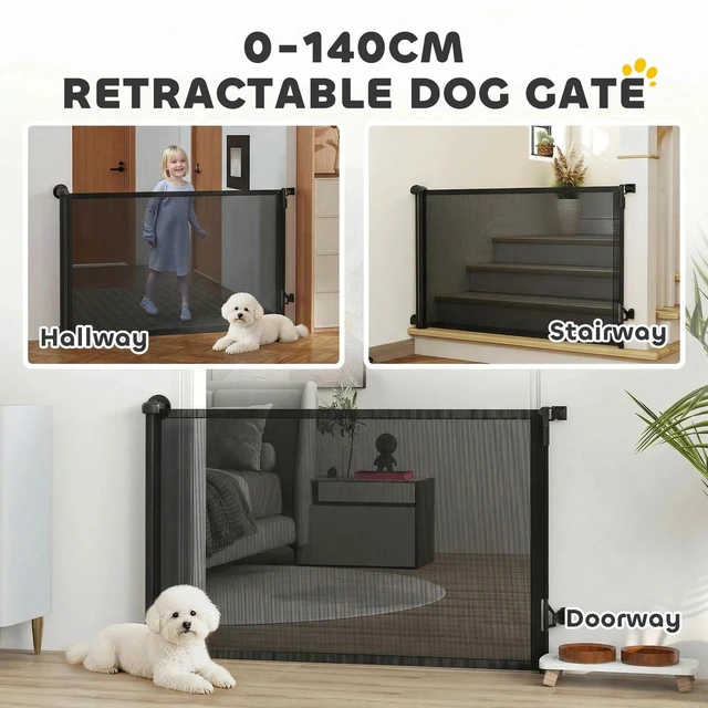 Alt view image 2 of 7 - PawHut Retractable Dog Gate, Extends to 55" Wide, Mesh Pet Gate